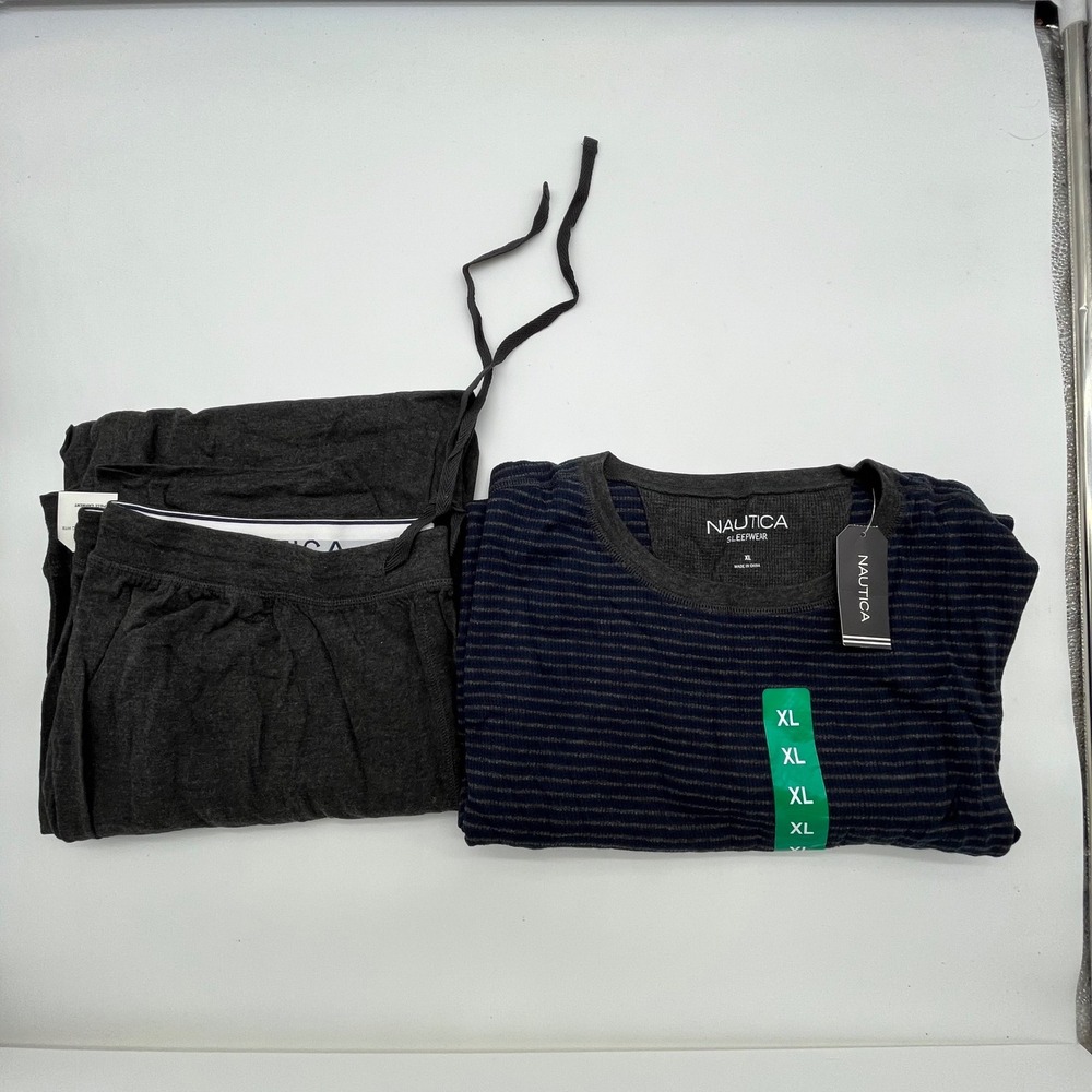Nautica Mens XL Sleepwear Pajama Set Navy Blue Grey Striped Long Sleeve 2 Piece